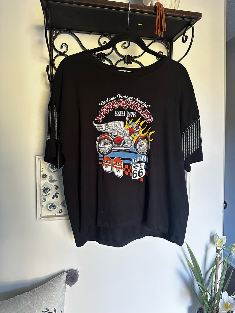 Black Graphic Motorcycle Graphic Short Sleeve Tee with fringe NWT